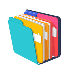 Isometric view of colorful office file folders filled with documents and blank tabs.