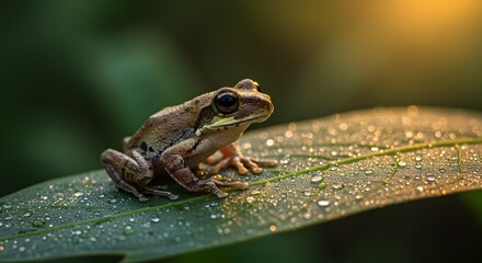 Obraz premium Golden Hour Frog: A Dew-Kissed Moment