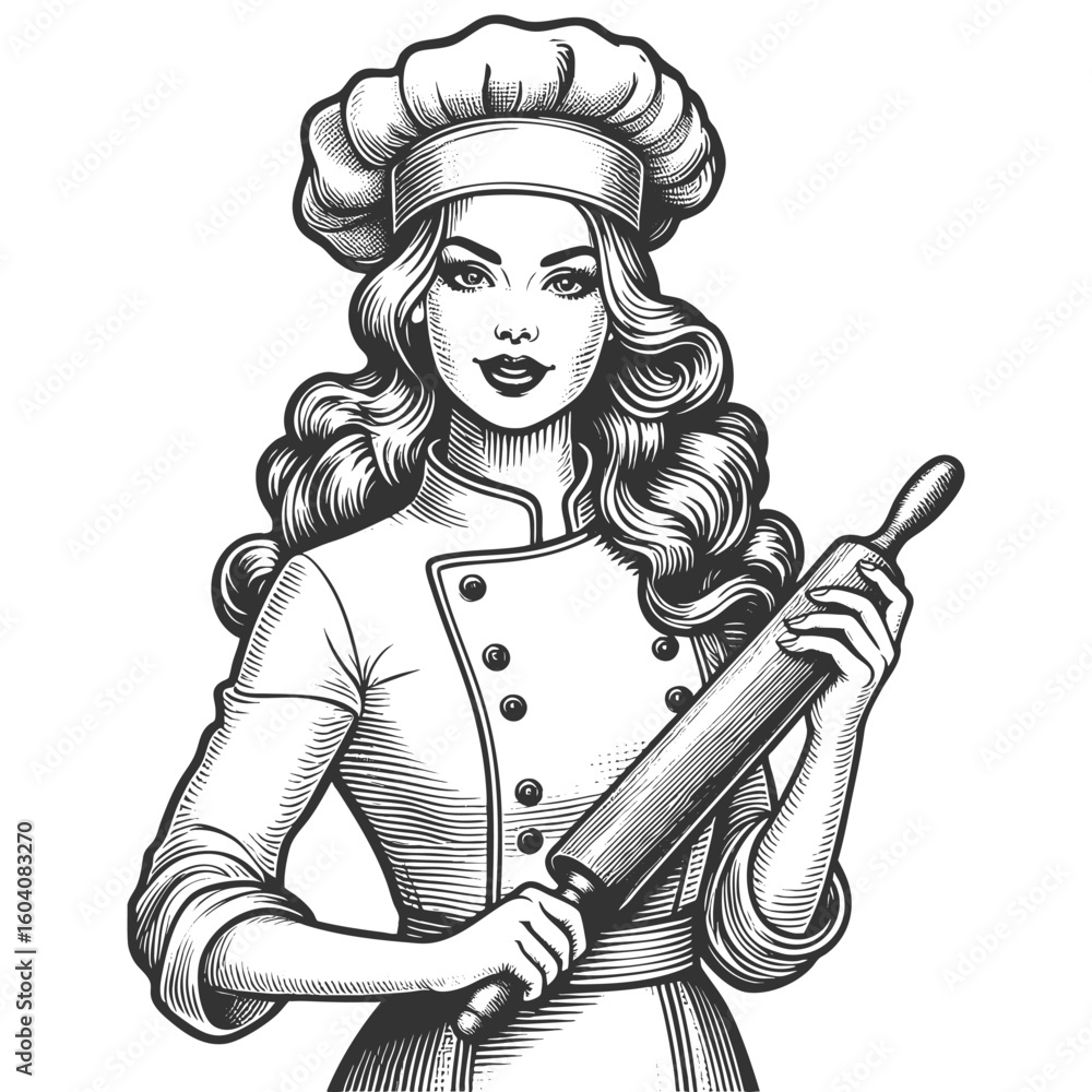 Poster smiling woman in chef attire holding a rolling pin sketch engraving generative ai fictional characte