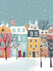 Fototapeta premium Magical holiday card with traditional snowy Christmas village and warm details