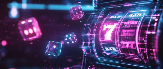 A visually stunning digital slot machine features illuminated symbols and floating dice in a vibrant environment. This captivating setting highlights the excitement of gaming at night.