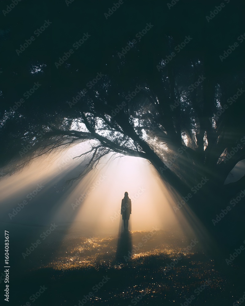 Poster mysterious figure standing in a foggy forest, rays of light filtering through dense trees