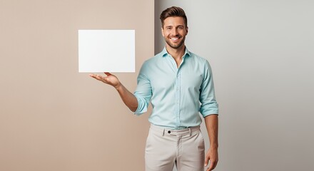 Smiling Man Holding a Blank Sign, Studio Portrait