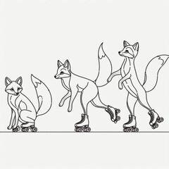 Three foxes roller skating in a dynamic style on a white background with copy space
