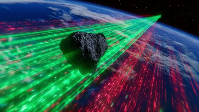 Asteroid in Orbit: A dramatic, artistic rendering of an asteroid hurtling through space, intercepted by a powerful green beam, with the vibrant Earth as the backdrop, creating a sci-fi aesthetic.