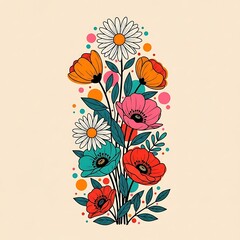 Colorful Retro Floral Arrangement with Daisies and Poppies on a Cream Background for Springtime Designs and Invitations