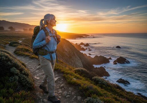 Senior woman hiking along scenic coastal trail at sunset