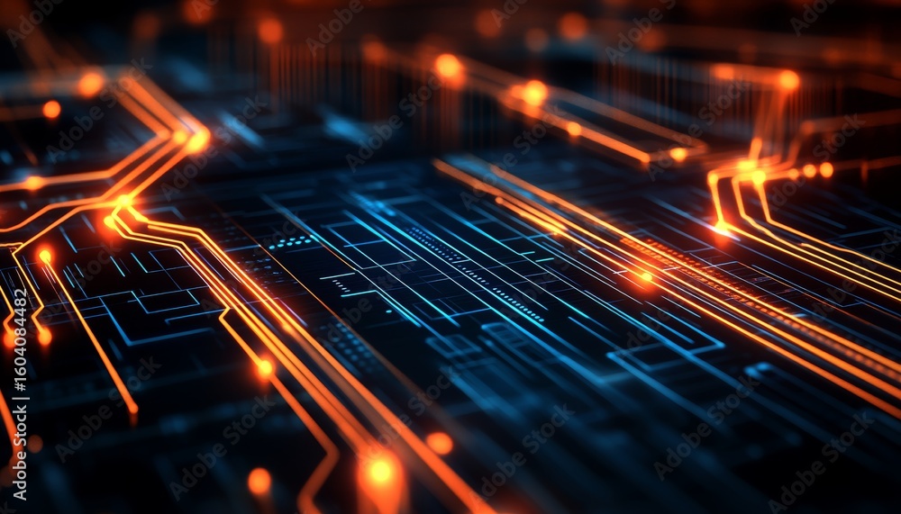 Poster futuristic blue circuit network with bright orange points of light in a high-tech design background