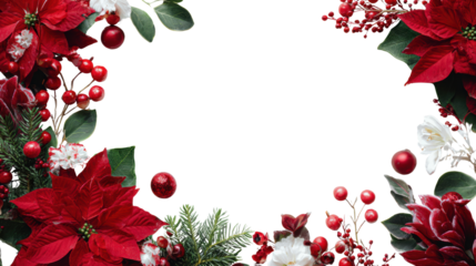 Beautiful holiday wreath made of red flowers and greenery on a white isolated background.