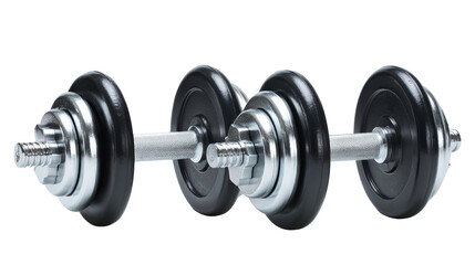 Naklejka premium Black dumbbell with silver accents isolated on a white background.