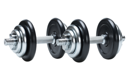 Black dumbbell with silver accents isolated on a white background.