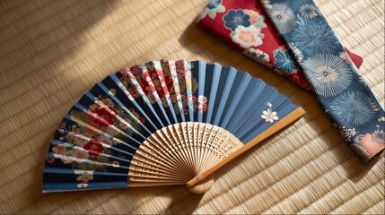 和柄の布と扇子（日本文化・伝統・コピースペース・壁紙）