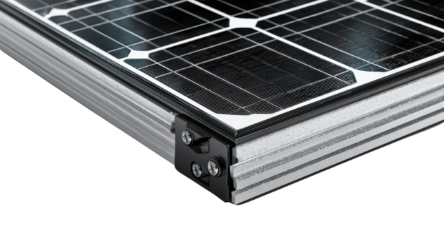 Close-up of a solar panel showing details of the frame and cells, isolated on a white background.