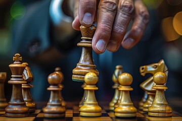 An intimate, close-up shot of a hand moving the king piece on a wooden chessboard. The shallow depth of field emphasizes the decisive, strategic nature of the move during an intense game