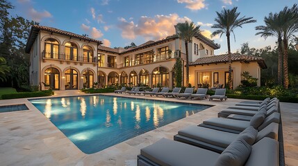 Fototapeta premium Mediterranean style mansion with luxury swimming pool and chaise lounges during beautiful dusk