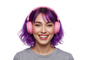 Portrait of a smiling woman with purple hair and pink headset on transparent background