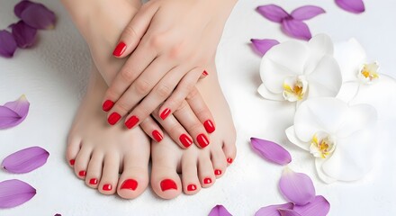 Hands and feet with red nail polish surrounded by purple and white flowers