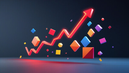 Abstract 3D Business Growth Concept with Floating Geometric Shapes and Upward Red Graph on Dark Background