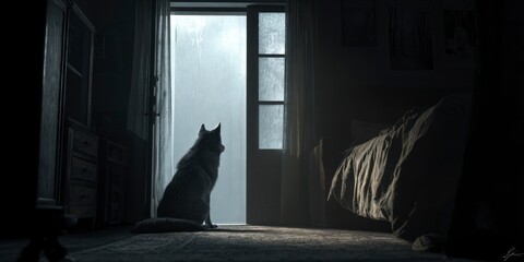 Dog looking out doorway dark room