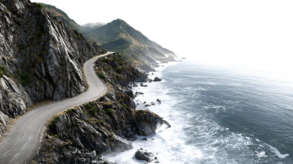 Winding coastal road carved into a dramatic cliffside overlooking the ocean isolated on transparent background
