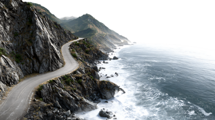 Winding coastal road carved into a dramatic cliffside overlooking the ocean isolated on transparent background