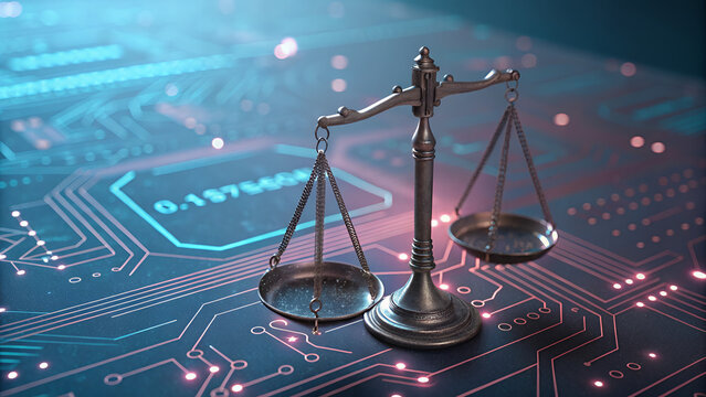 A balance scale on a circuit board background representing digital law and ethical technology use cases