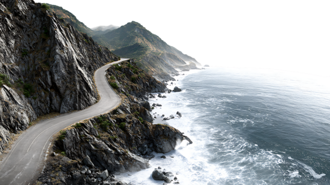 Winding coastal road carved into a dramatic cliffside overlooking the ocean isolated on transparent background