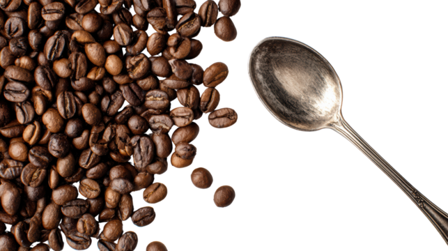 Coffee beans with a silver spoon on a white isolate background.