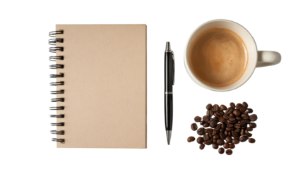 Coffee cup, brown notebook, pen, and coffee beans on white isolate background.