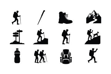 Silhouette icons depicting hiking and outdoor activities trekking mountaineering