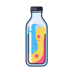 Colorful liquid in transparent bottle with blue and pink swirls  