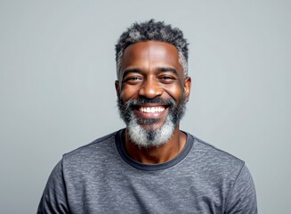 Fototapeta premium Smiling mature man with gray beard and hair poses for a portrait.