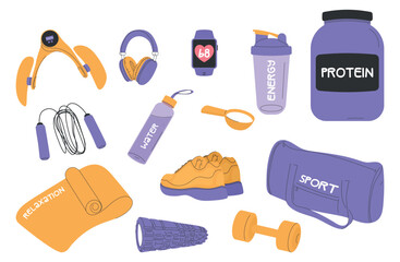 Set of different fitness themed elements. Vector illustration, hand drawn.