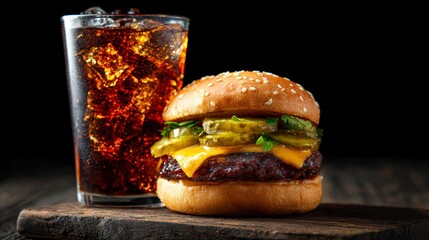 Delicious hamburger and soda drink