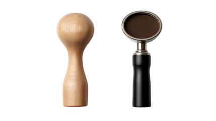 Coffee tamper and portafilter for espresso preparation, isolated on white.