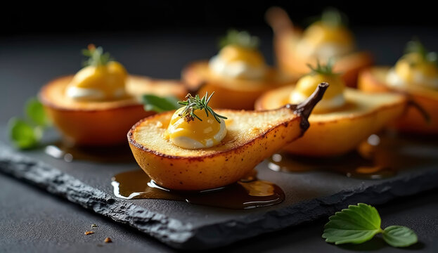 Freshly roasted pear halves topped with creamy dorblu cheese, a dollop of honey, and garnished with herbs provide a delectable savory-sweet snack. Ideal for gatherings or quiet evenings