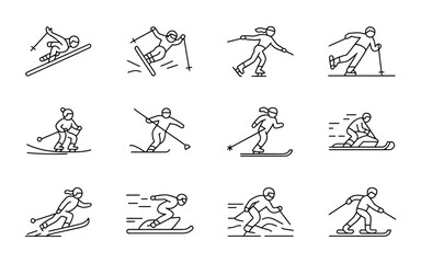 Fototapeta premium Winter Sports & Skiing Icon Set - Skier, Snowboarding, Ice Skating, Slalom, and Outdoor Activity Vectors