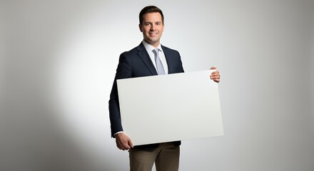 Smiling Businessman Holding Blank Sign, Perfect for Your Advertisement