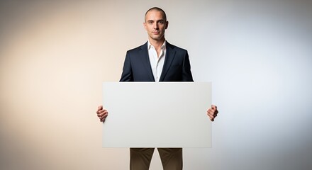 Businessman Holding Blank Sign, Studio Portrait
