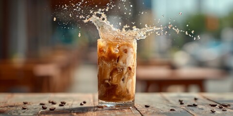 Iced coffee splash on wooden table