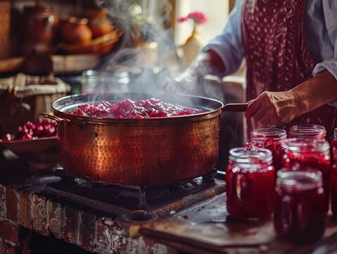 A close-up of hands stirring a large pot of bubbling, hot red jam with a wooden spoon. Steam rises from the pot, suggesting homemade canning or cooking in a rustic kitchen setting