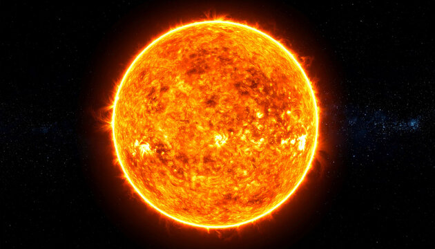 Fiery Celestial Sphere: A stunning photorealistic portrayal of the sun. This radiant celestial body showcases vibrant solar flares and intense heat radiating against the stark backdrop of space. 