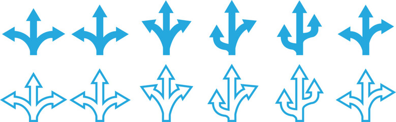 Road Traffic Direction arrow icon set.Direction arrows on the highway.Road navigation arrows. Path direction arrows.You-turn, left, right, two way, three way transportation direction arrow symbol.
