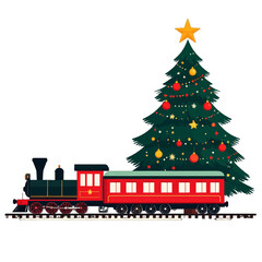 Festive Christmas scene with a vintage steam train on snowy tracks next to a decorated fir tree.