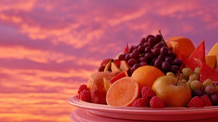 Assorted fruits on tray against sunset