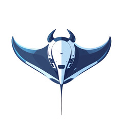 A sleek, horned, robotic manta ray with blue and white armored plating, viewed from above.