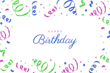Colorful text: Happy Birthday with confetti.