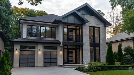 Modern two story home with gray brick, black trim, and landscaped front yard