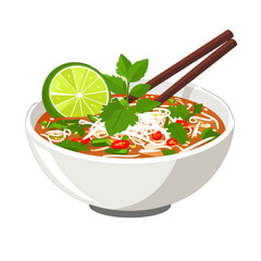 Spicy Asian noodle soup in a white bowl, garnished with fresh lime, chili, and herbs.