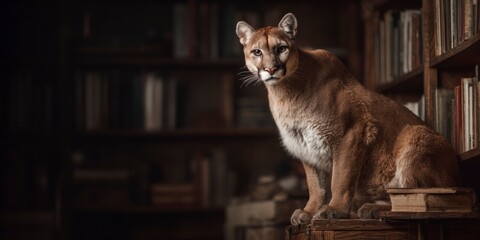 Cougar on bookshelf in dark room